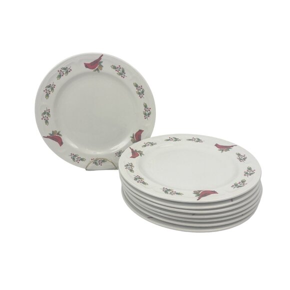 Gibson Cardinal Holiday Dinner Plates Set Of 8 10.5" White Porcelain With Festiv - Picture 1 of 7